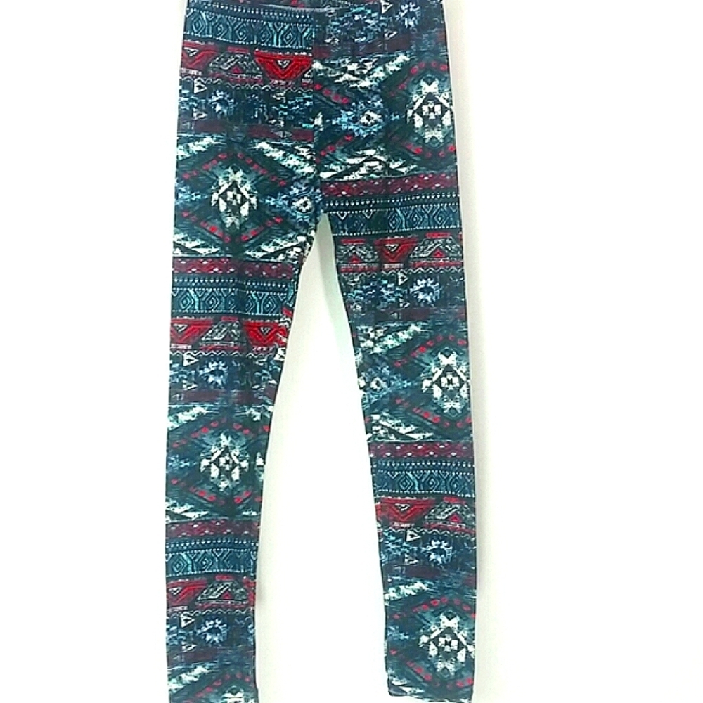Girls Thunderbird Print Leggings Red Blue White Bold Tribal Graphic Sz 14